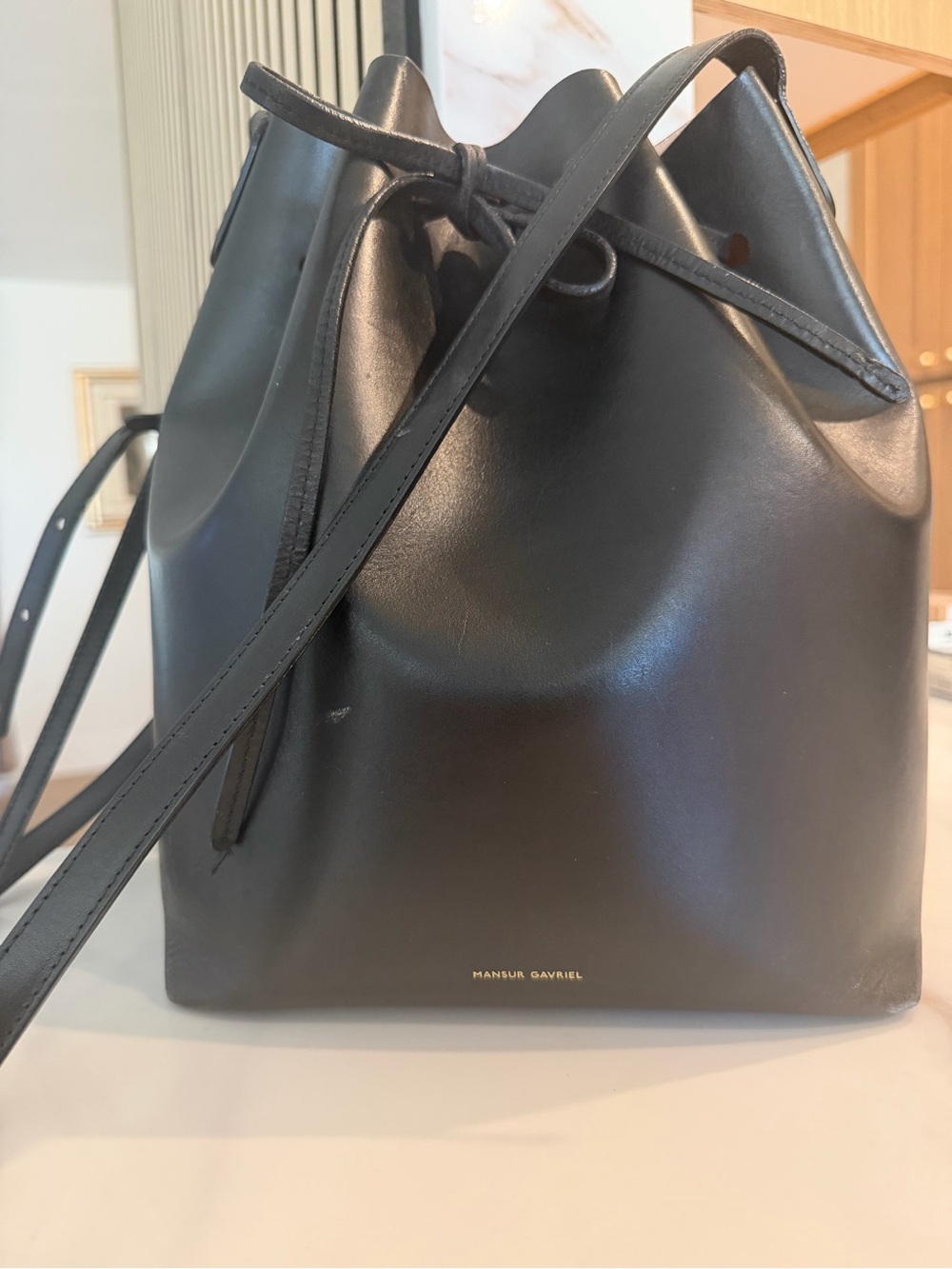 Mansur Gavriel Black Leather Drawstring Bucket Bag